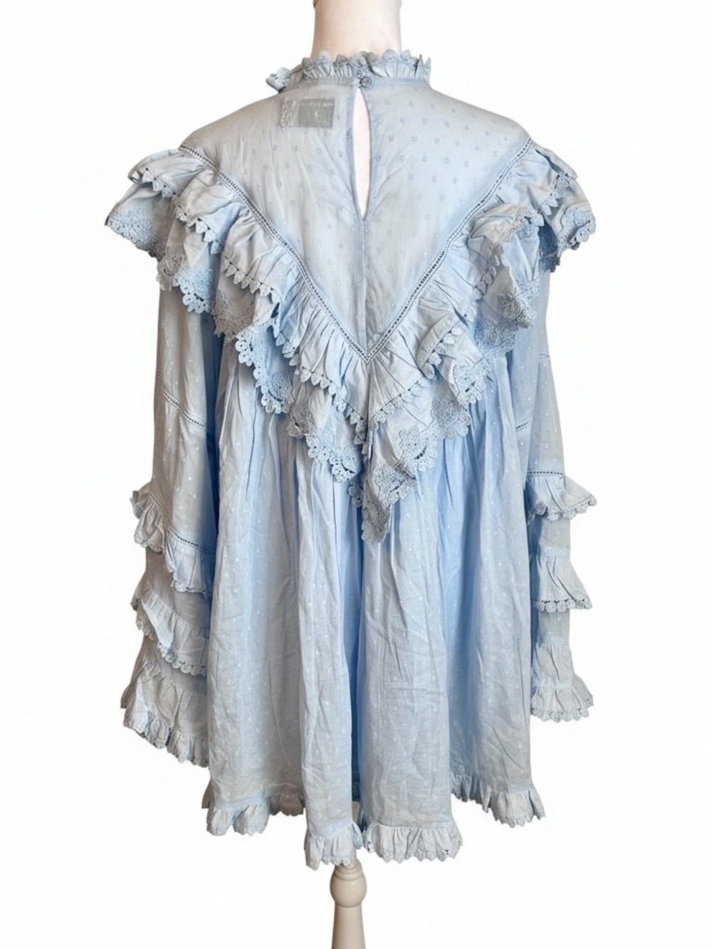 ASOS DESIGN Boho High Neck Angled Frill Mini Dress in Soft Blue - Size 4 - Picture 3 of 8